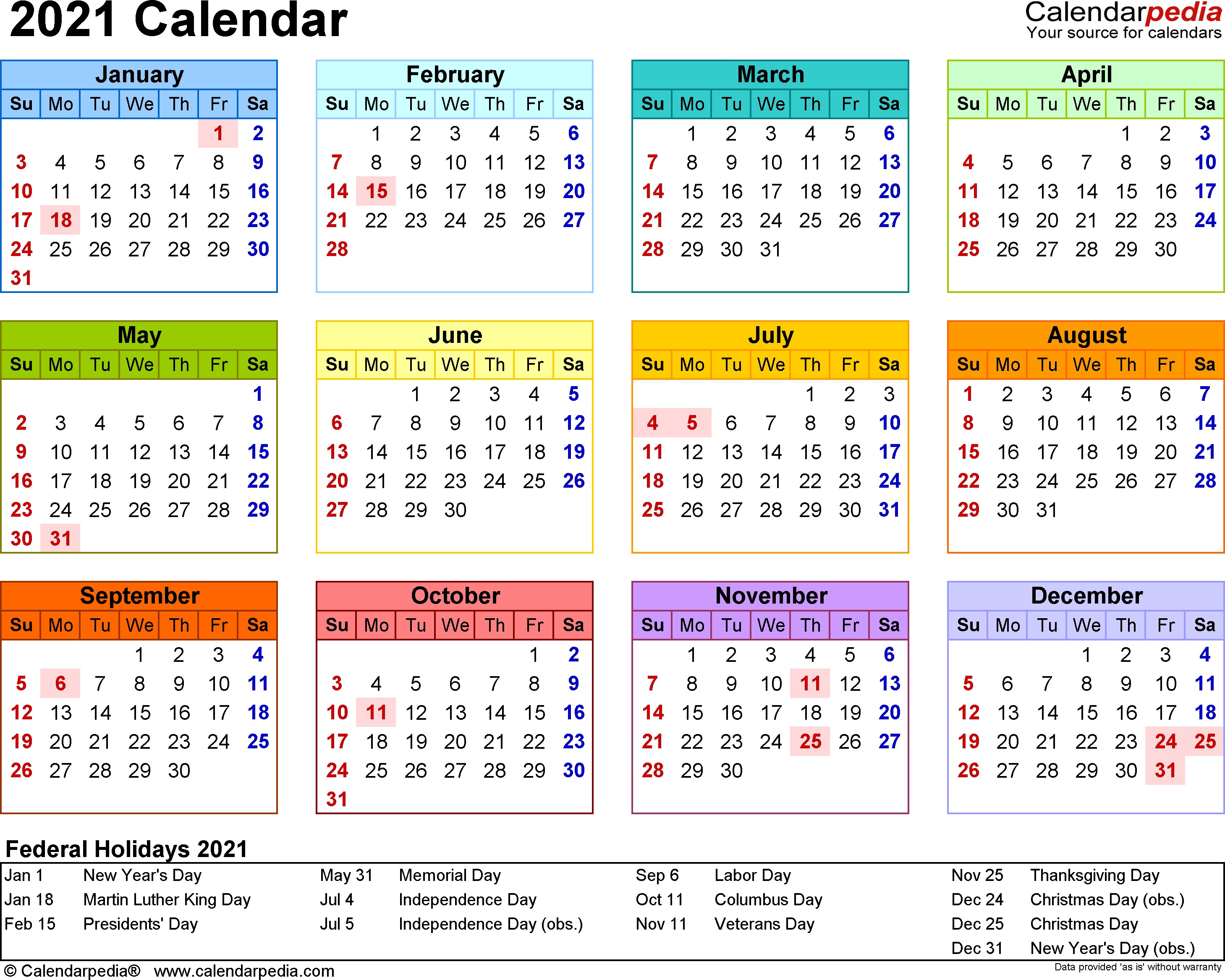 2021 calendar excel templates