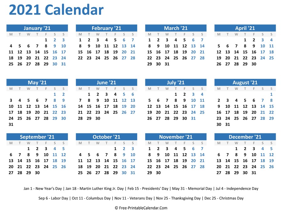 Print Yearly Calendar 2021 Free 2021 Yearly Calendar with Holidays Horizontal Layout
