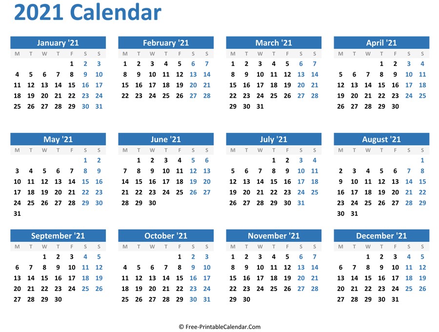 2021 Blank Yearly Calendar Full Page for Adult | Free ...