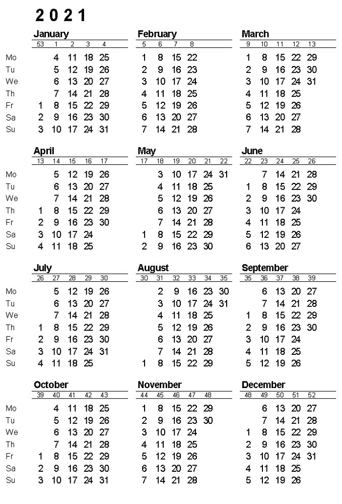 2021 calendar with week numbers free 365 days