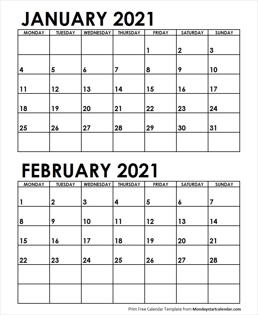 February Calendar 2021 Monday Start January February 2021 Calendar Monday Start