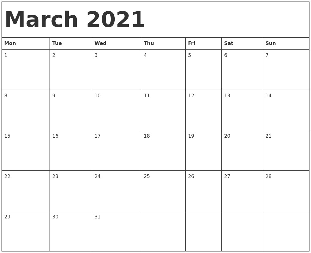 February March April 2021 Calendar March 2021 Calendar Template