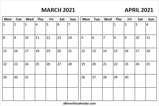 march april calendar 2021 blank