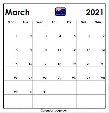 Calendar March 2021 New Zealand Flag | Free Printable ...