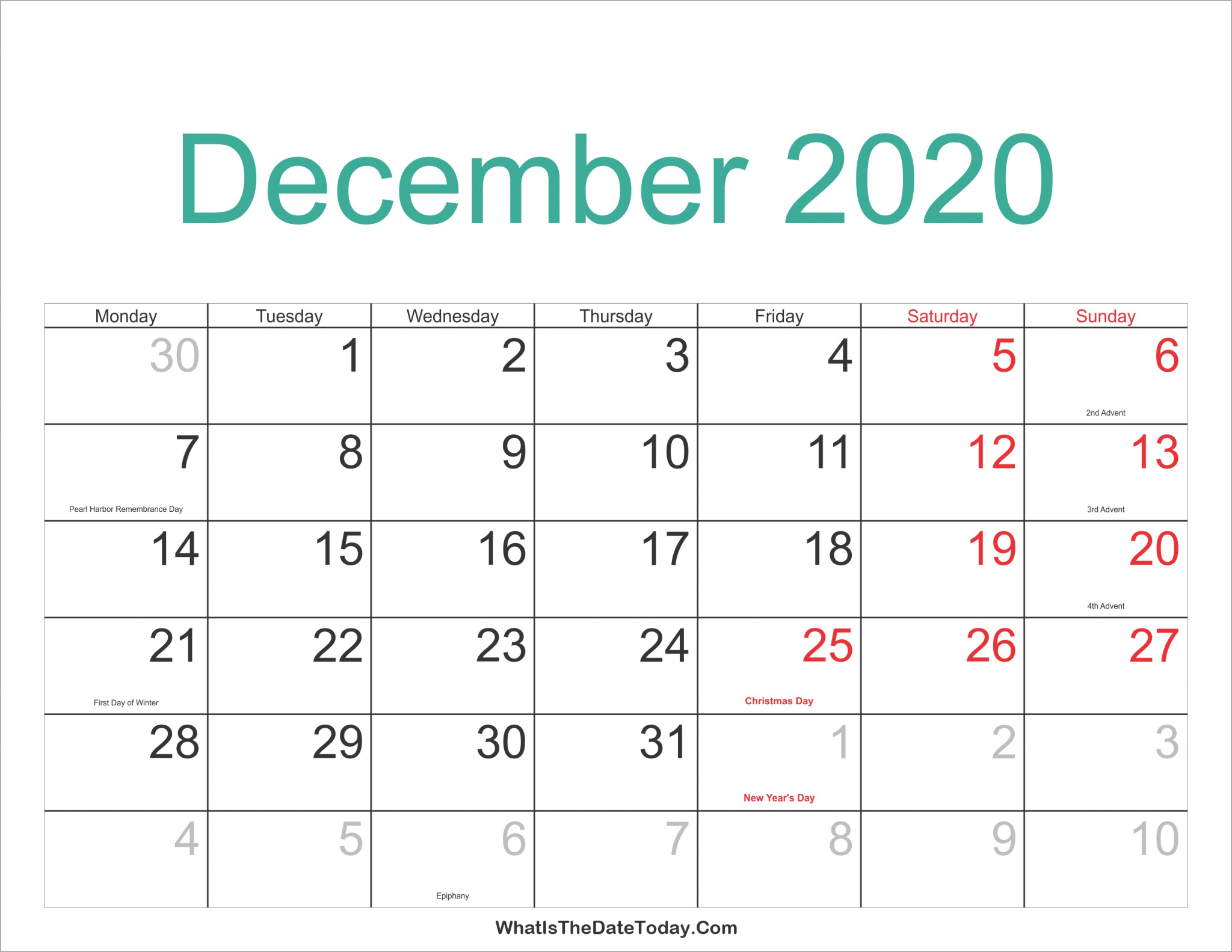 december 2020 calendar printable holidays