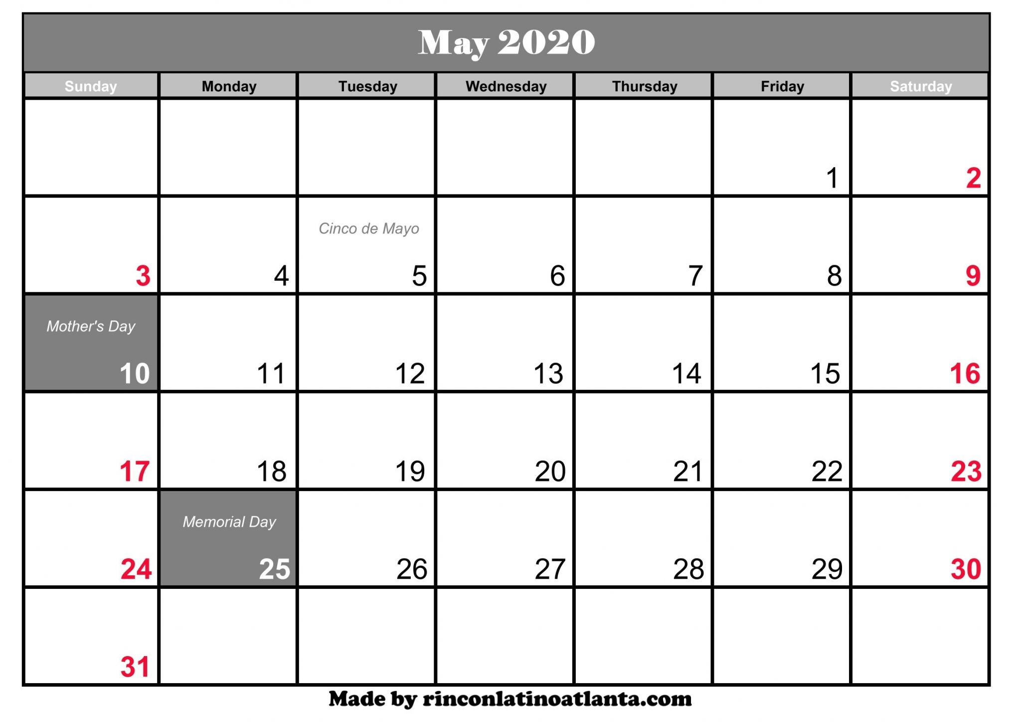 may 2020 calendar with holiday