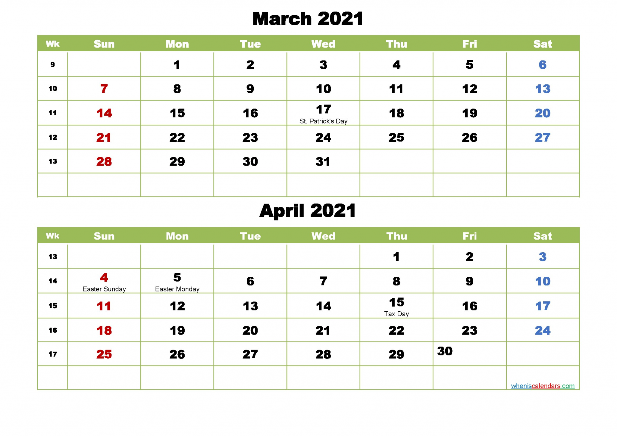march april 2021 calendar printable holidays 2 month arialblk 3 two21m14