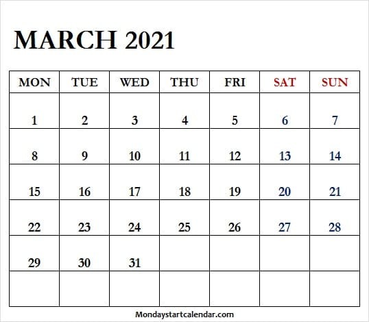 March 2021 Calendar Mon to Fri March 2021 Calendar Mon to Fri Monthly Calendar Template