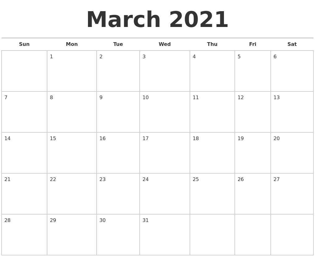 blank calendar 2021 march