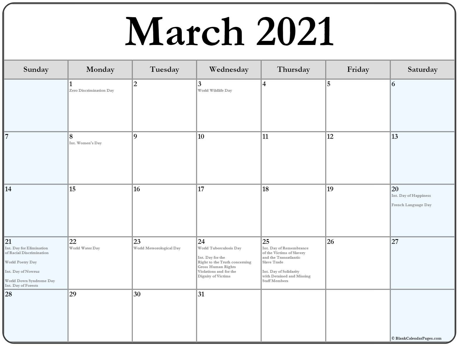March 2021 Weekly Calendar Collection Of March 2021 Calendars with Holidays