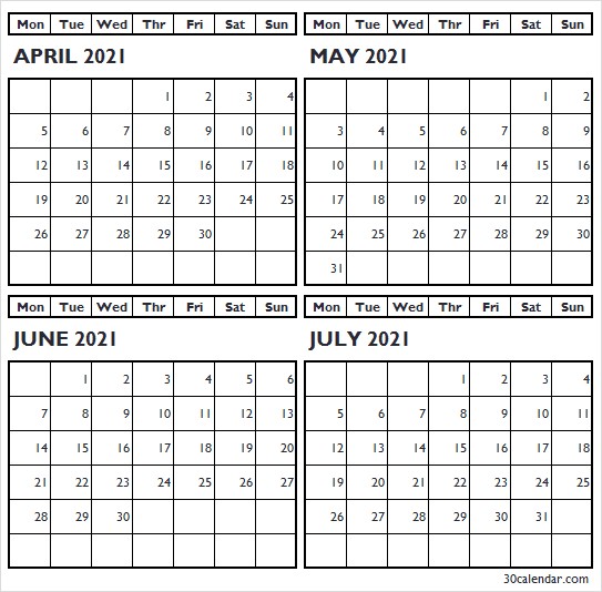 april to july 2021 calendar word