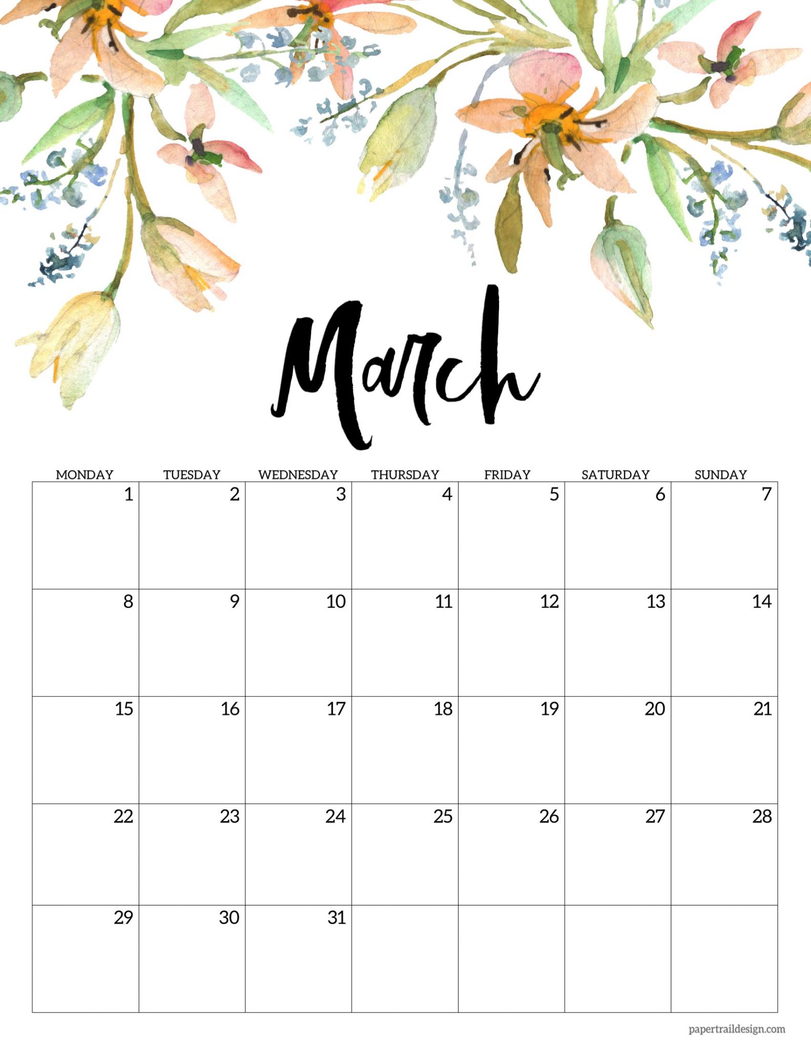 2021 floral calendar monday start