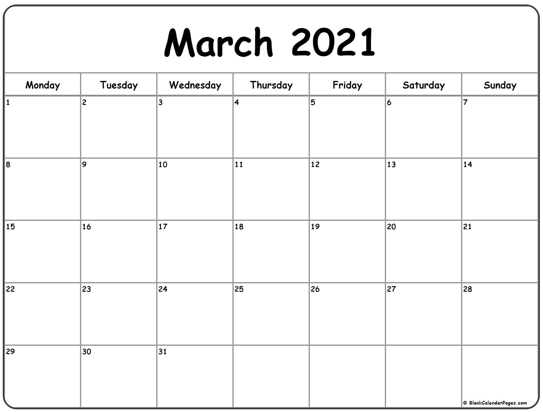 march 2021 calendar starting monday
