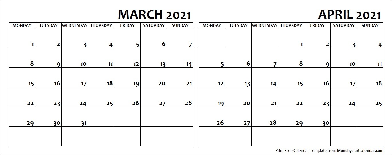 march april 2021 calendar monday start