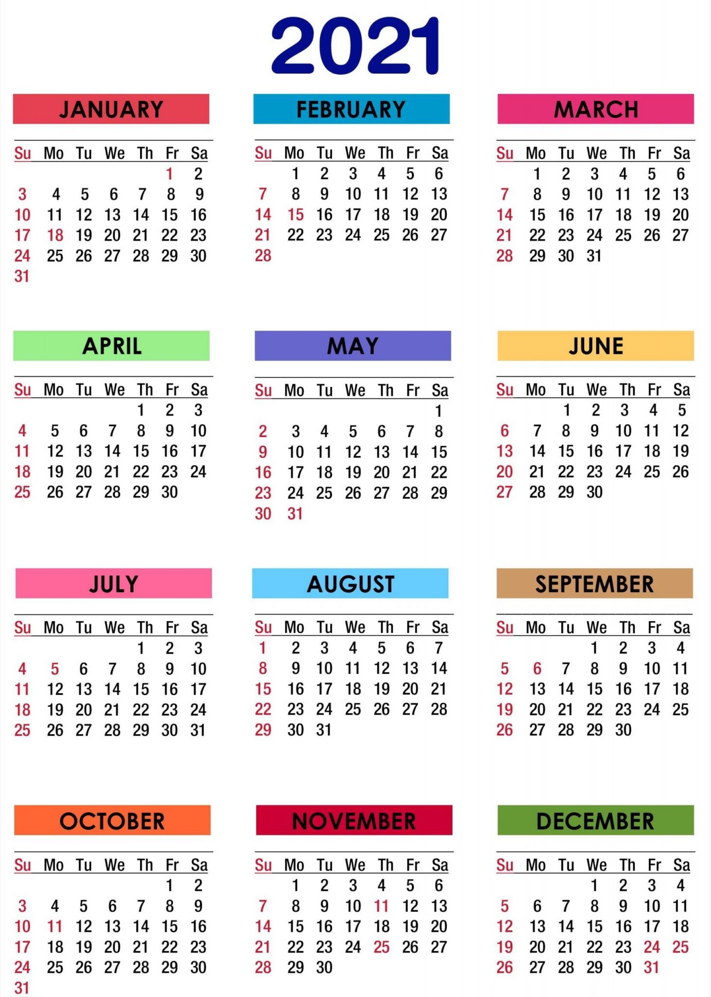 one page 2021 calendar printable