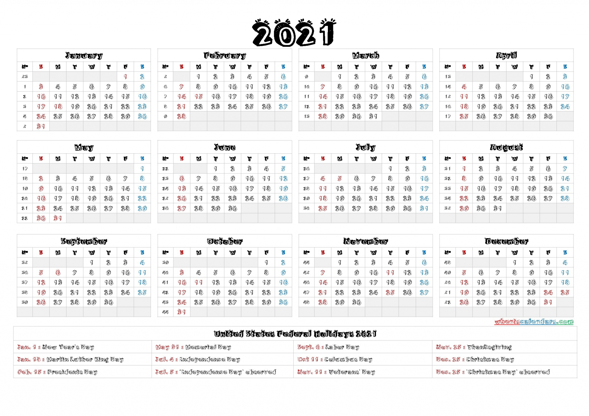 2021 printable calendar holidays yearly wk sk3 4 y6 94