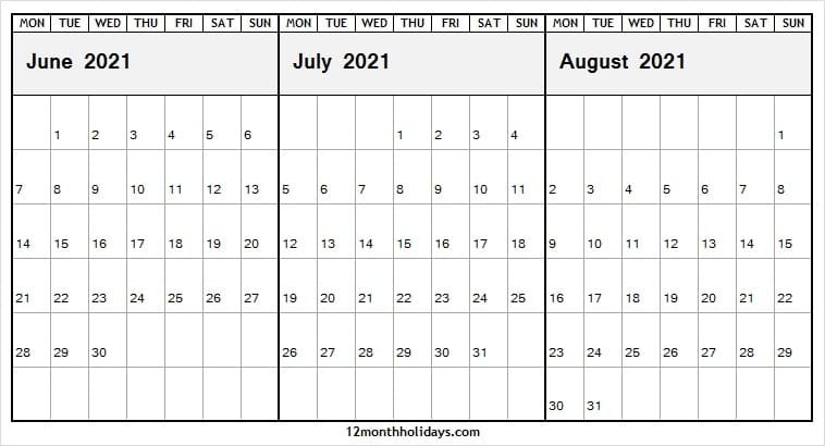 Calendar Jun to Aug 2021 Editable Jun to Aug 2021 Calendar Monday Start 2021 Calendar