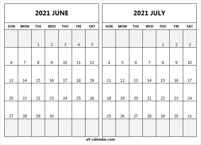 blank june july 2021 calendar a4