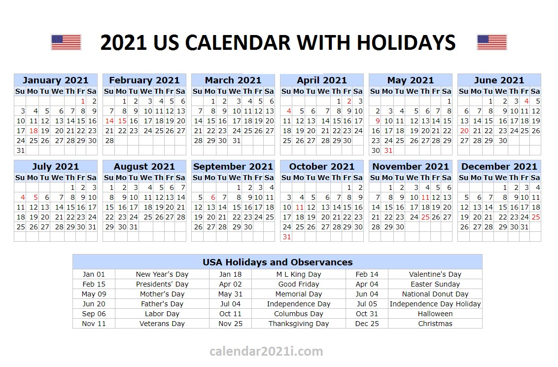 us 2021 calendar with holidays united states printable