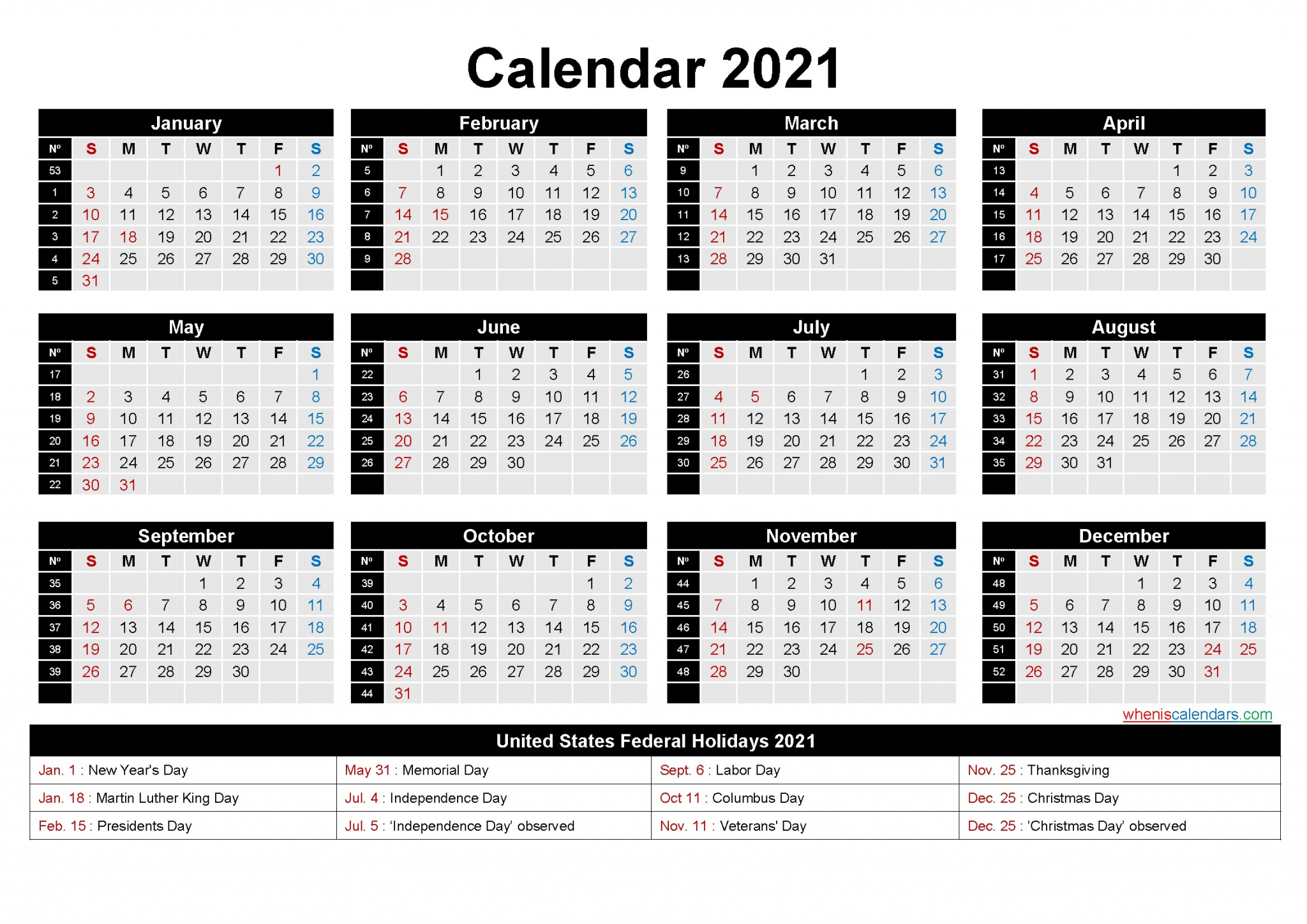 free 2021 printable calendar holidays week numbers ls arial 7 y21hl7