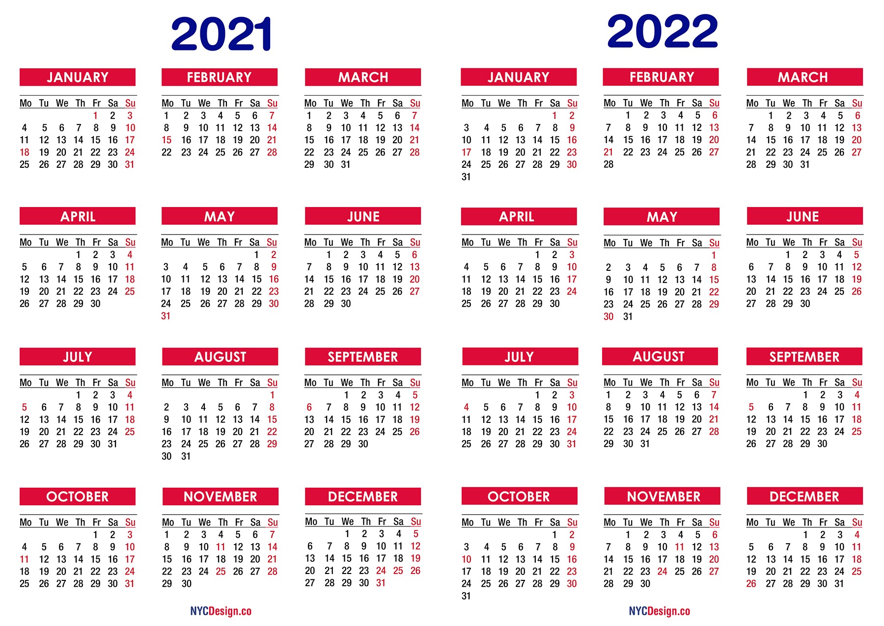 2021 2022 two year calendar with holidays printable free
