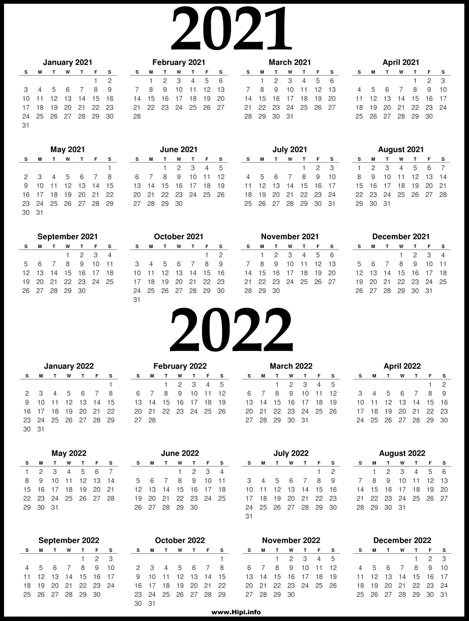 2021 and 2022 printable calendar 2 year calendar