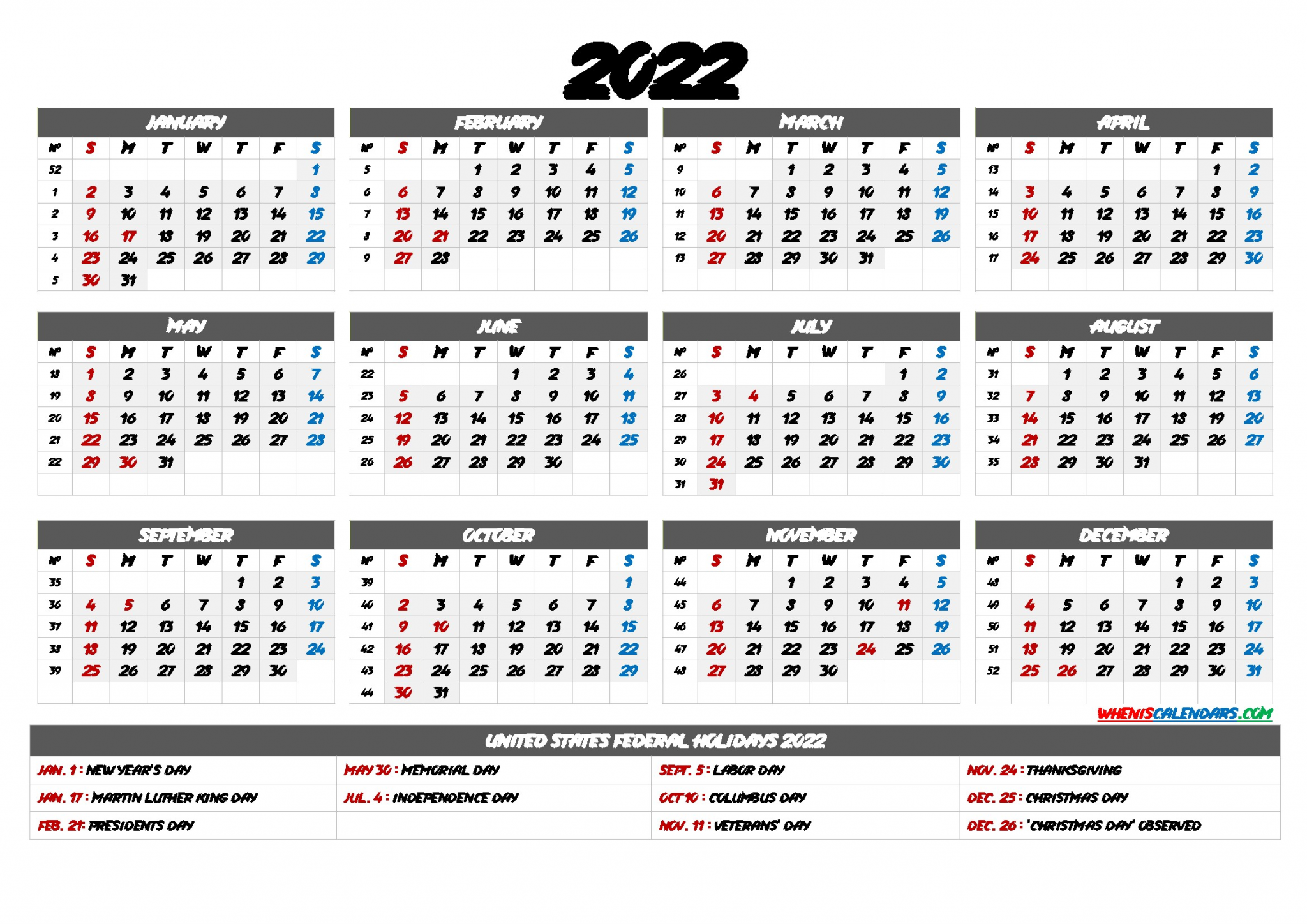 2022 printable calendar holidays yearly wk cof 6 y6 48