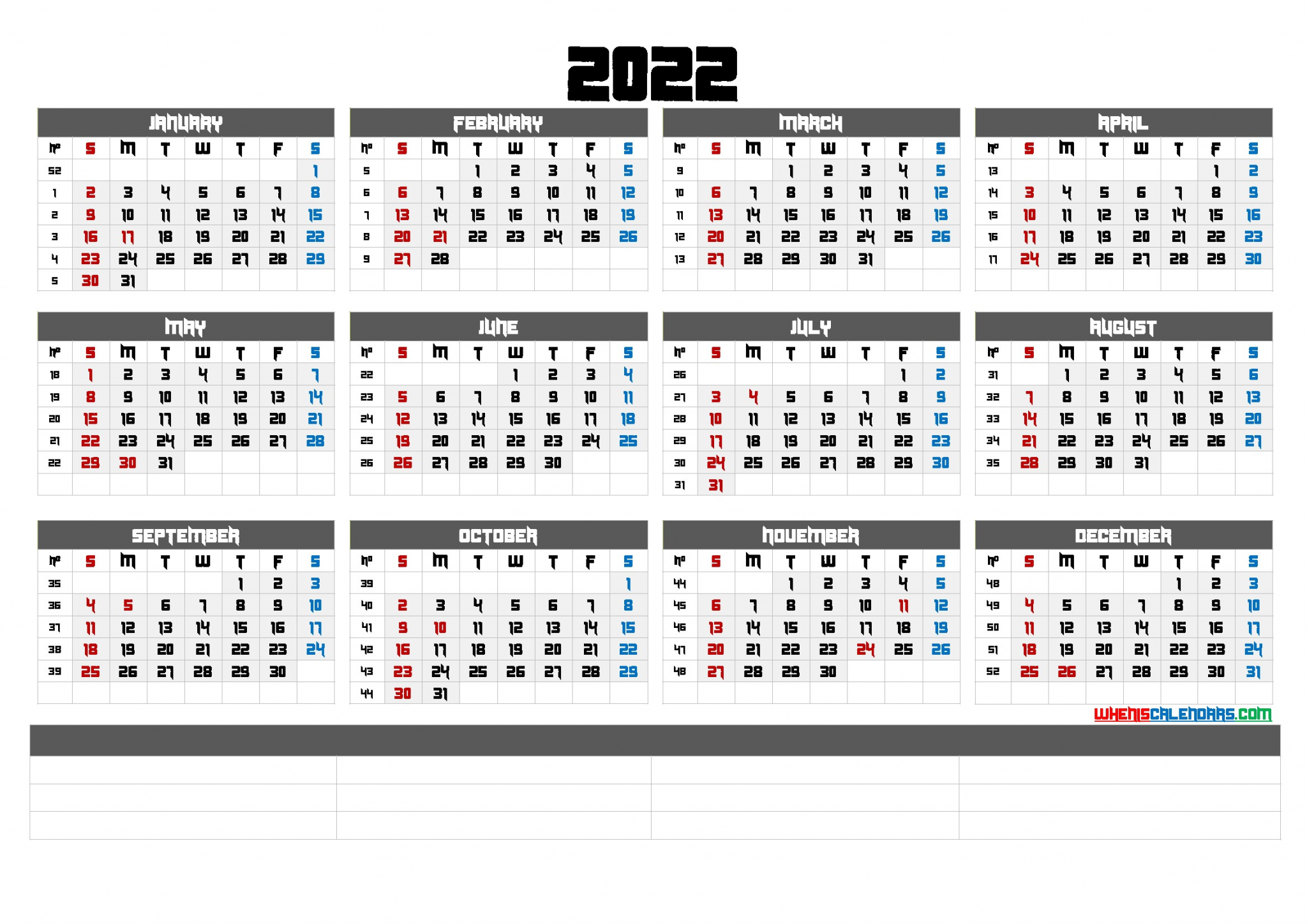 2022 printable calendar week numbers yearly distr 6 y6n216
