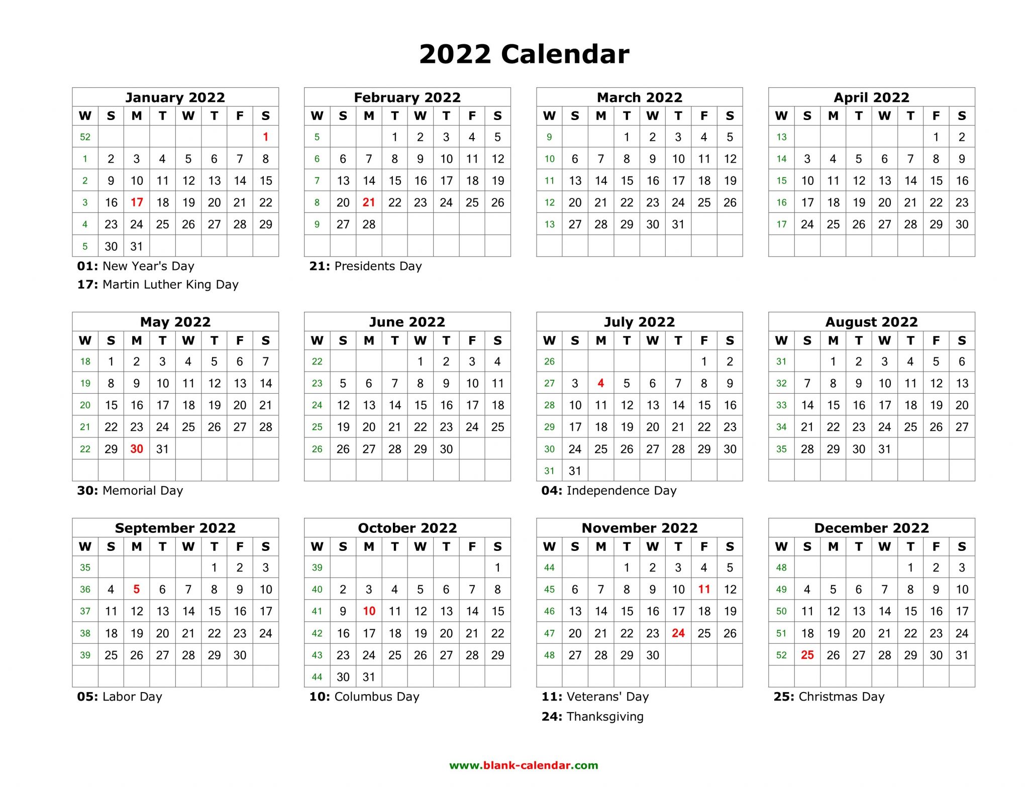 2022 calendar printable