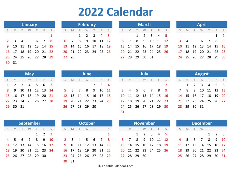 printable 2022 calendar landscape