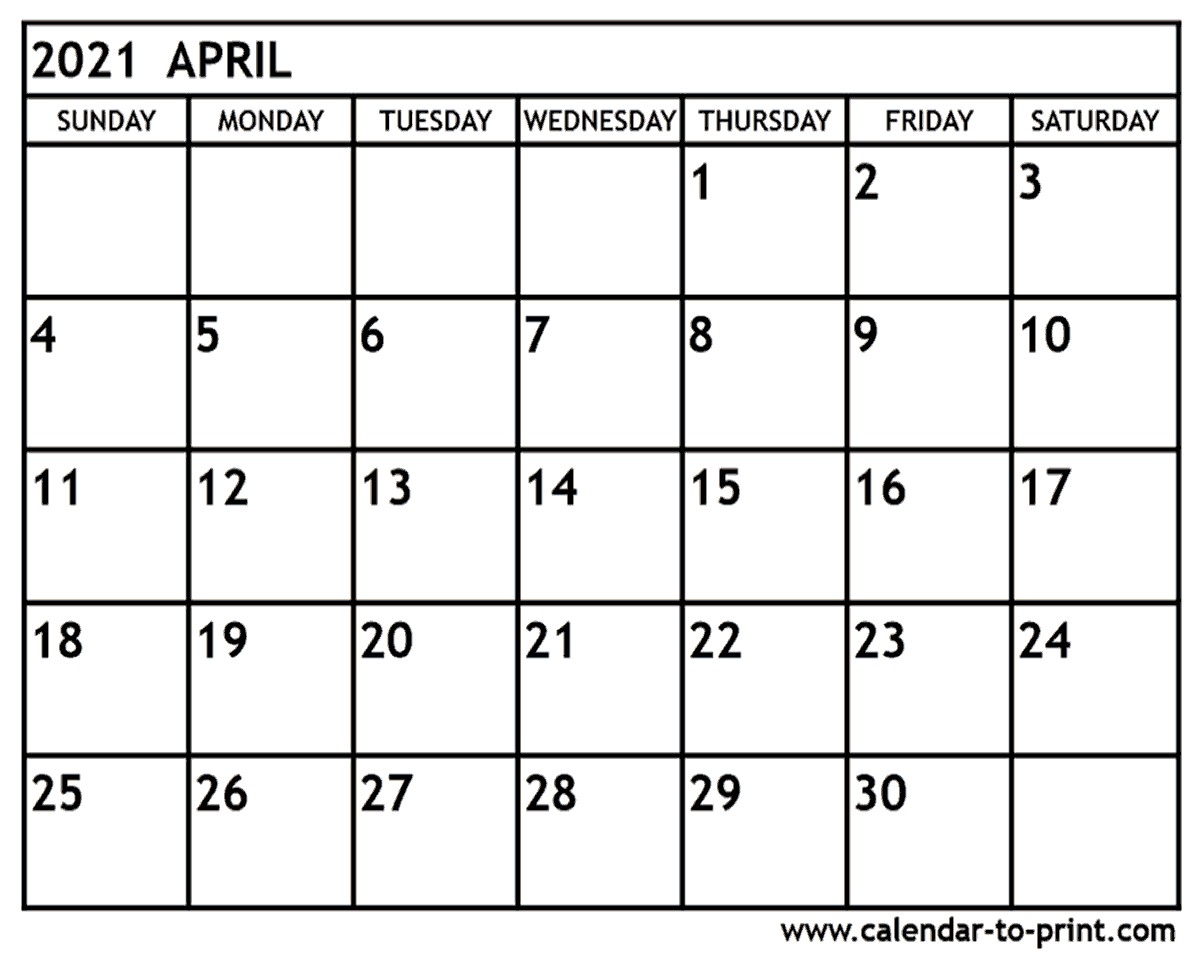 April Calendar for 2021 April 2021 Calendar Printable