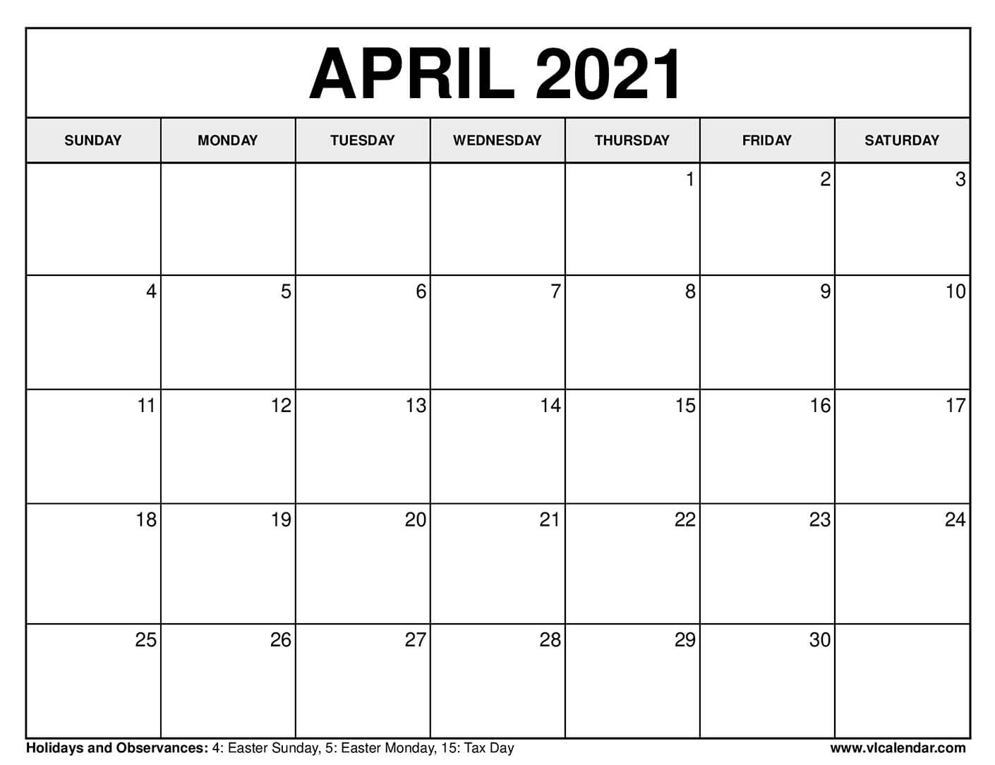 Blank Calendar April 2021 Printable April 2021 Calendars