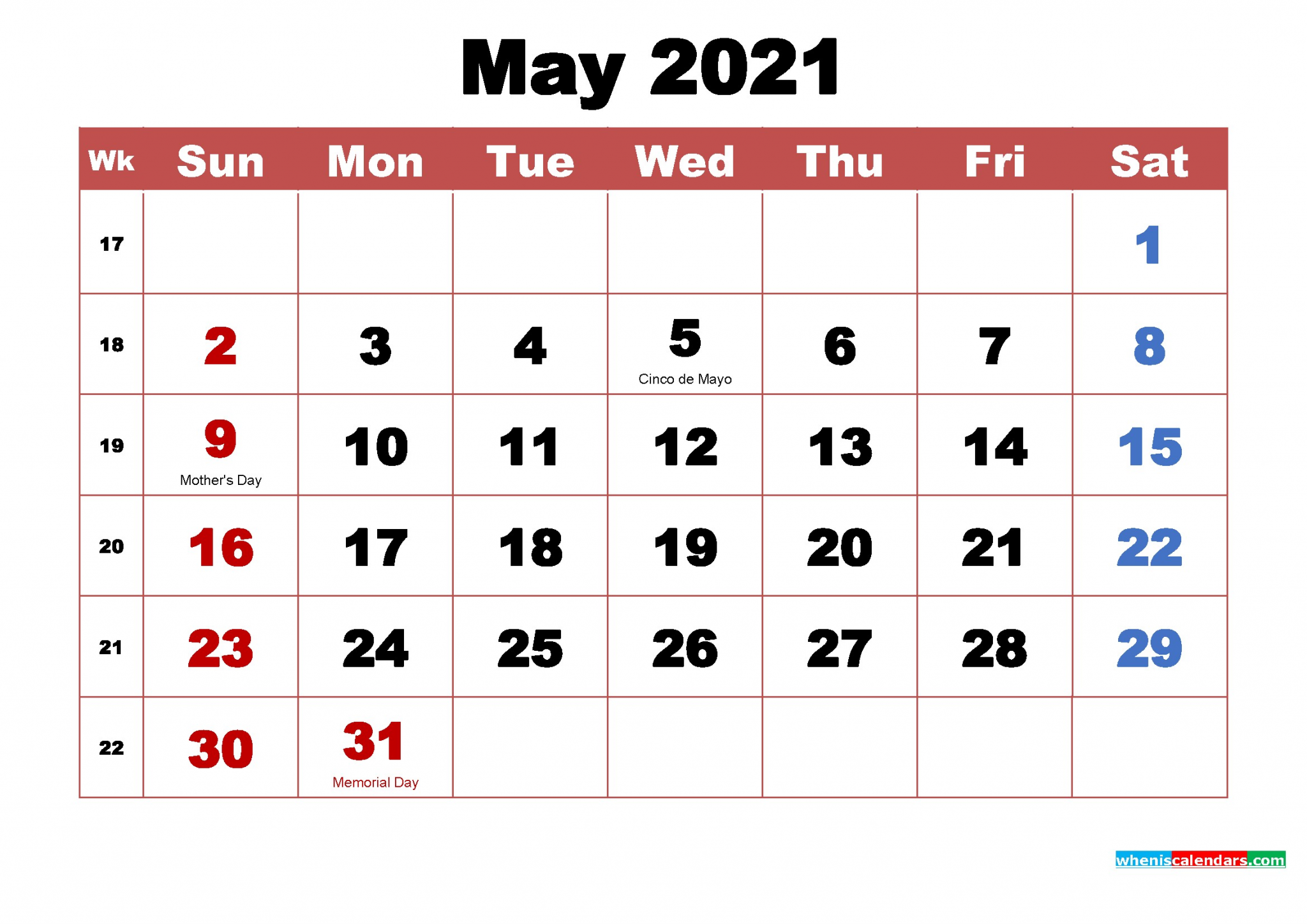Calendar May 2021 with Holidays May 2021 Calendar with Holidays Printable – Free Printable
