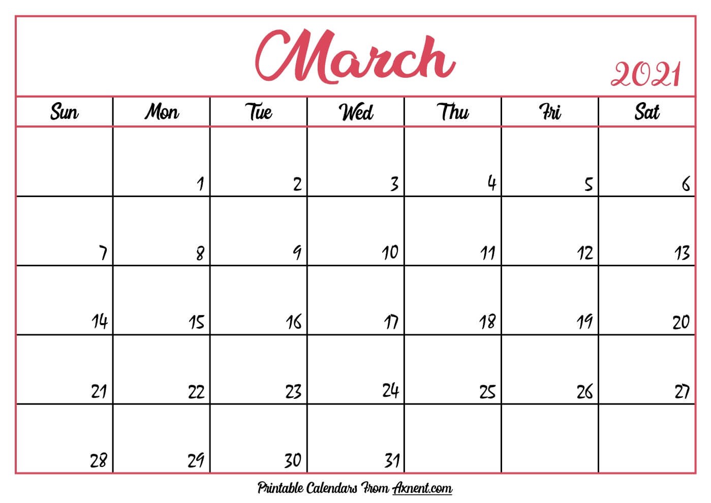 march 2021 calendar