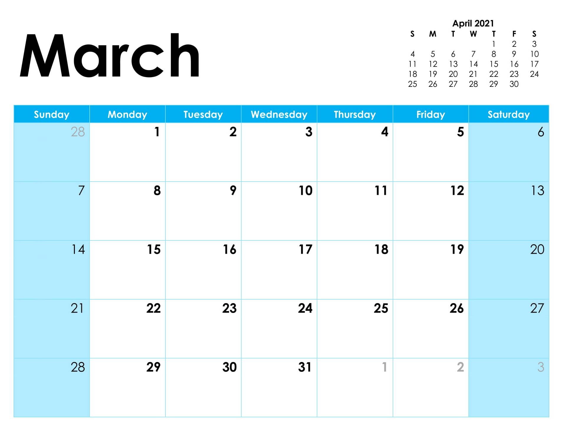 calendar for march 2021