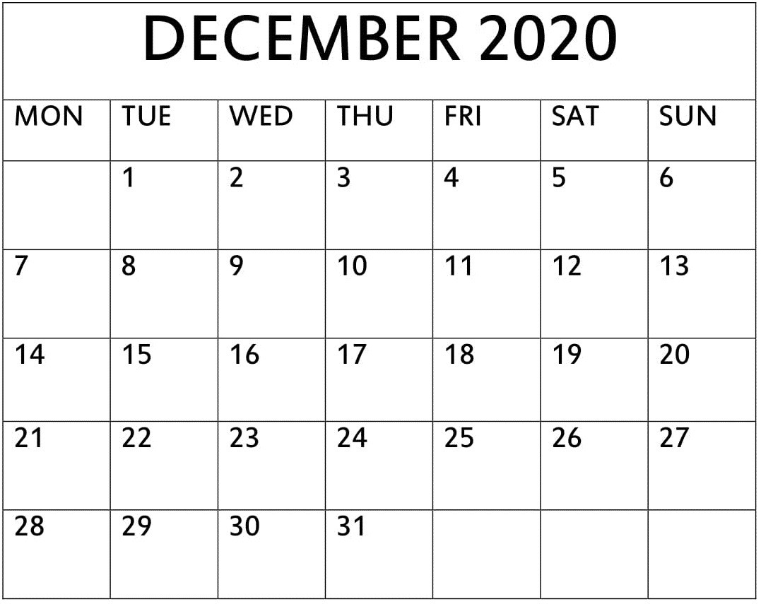 december 2020 calendar a4