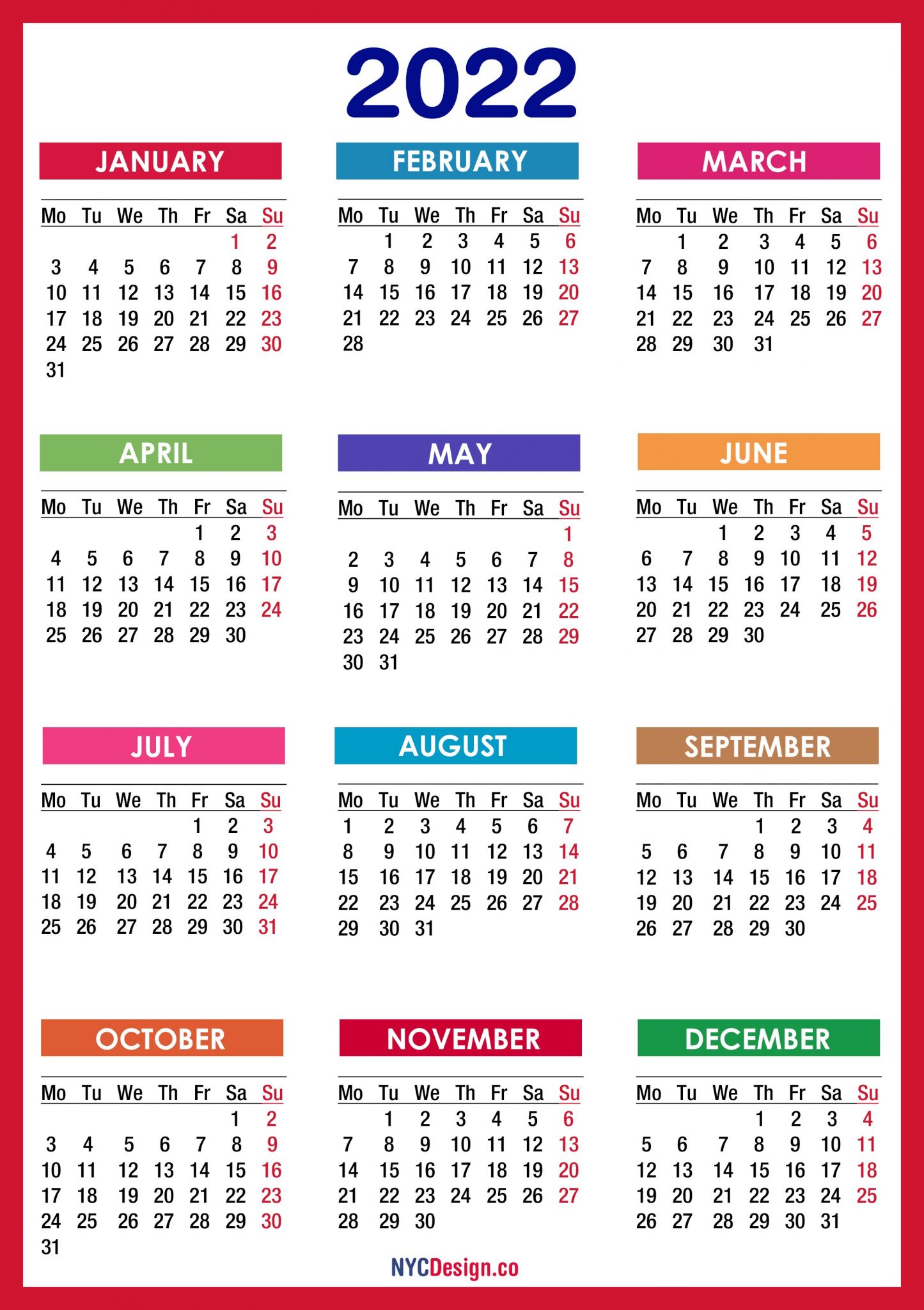 2022 calendar printable free pdf colorful red orange monday start