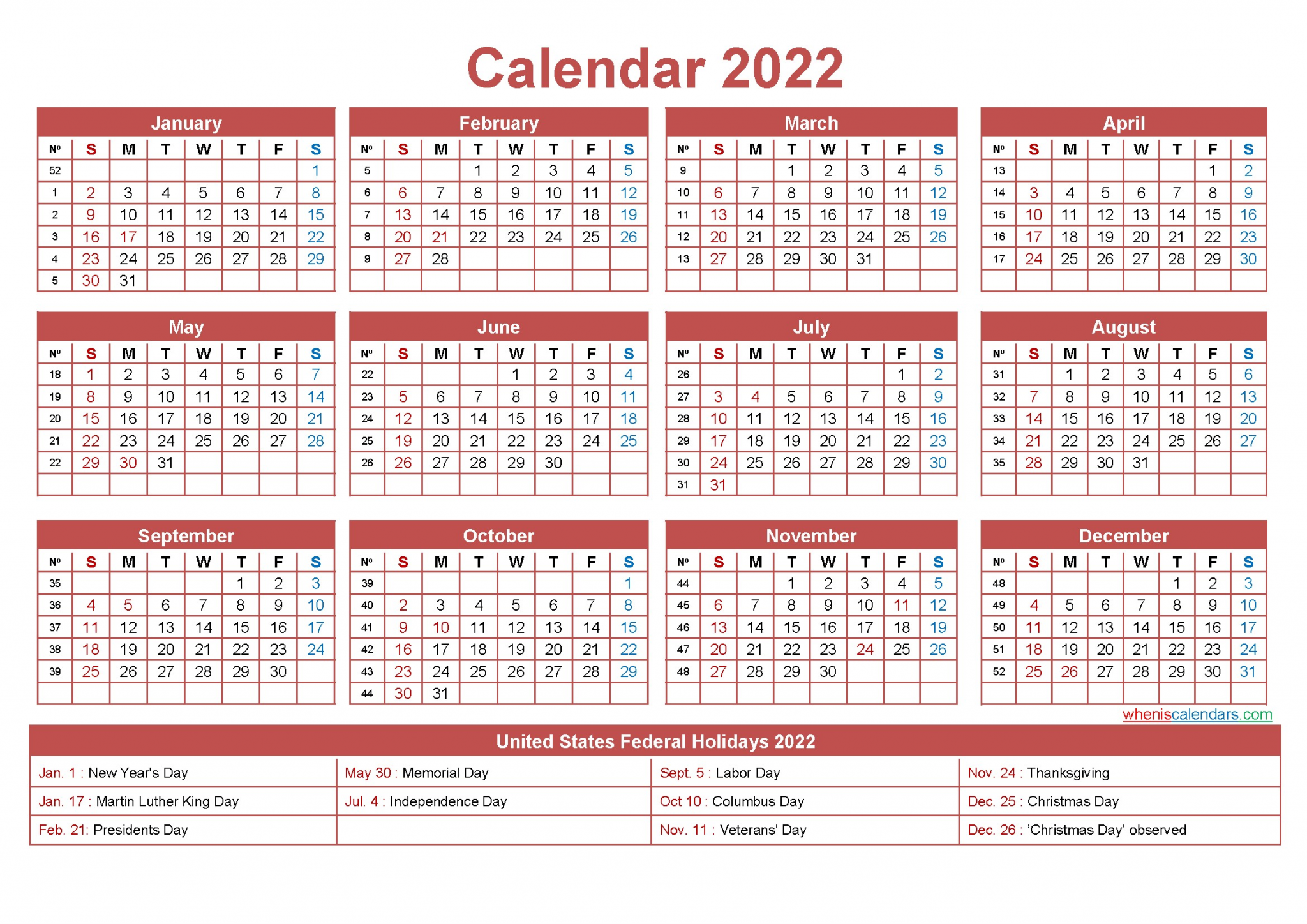 Free Printable 2022 Monthly Calendar with Holidays Free Printable Yearly 2022 Calendar with Holidays as Word