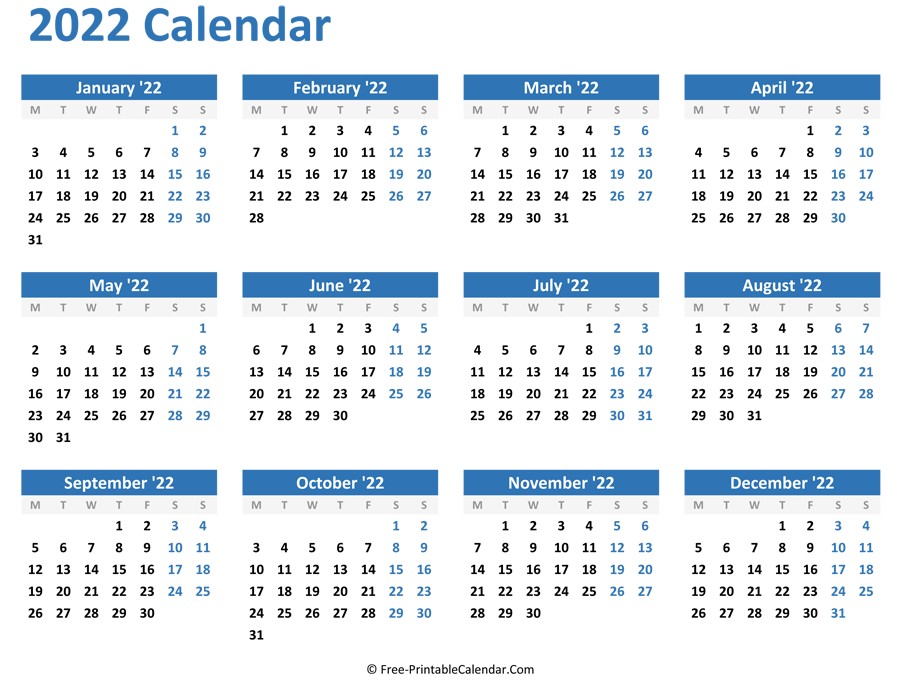 blank yearly calendar 2022 horizontal