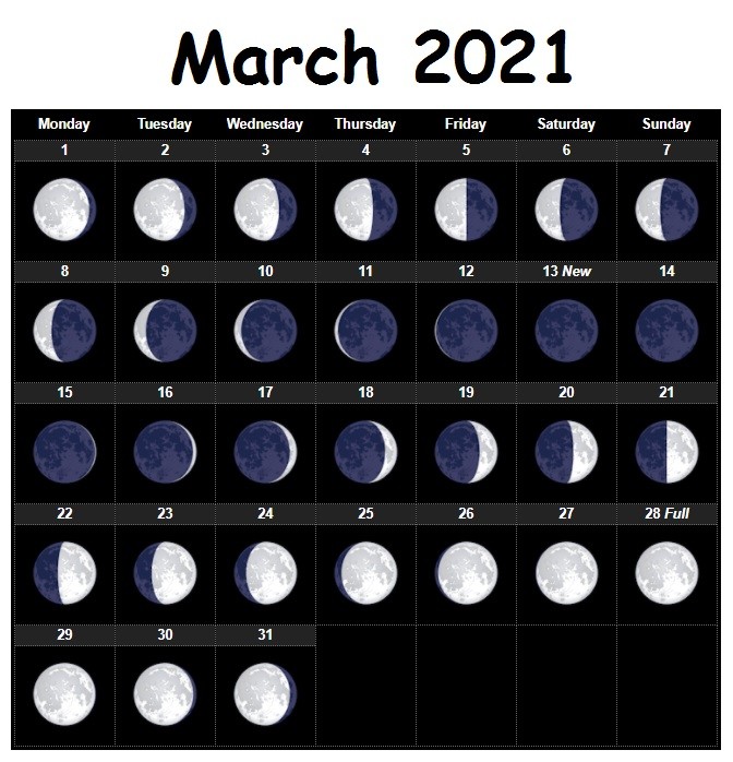 march 2021 moon phases lunar printable calendar
