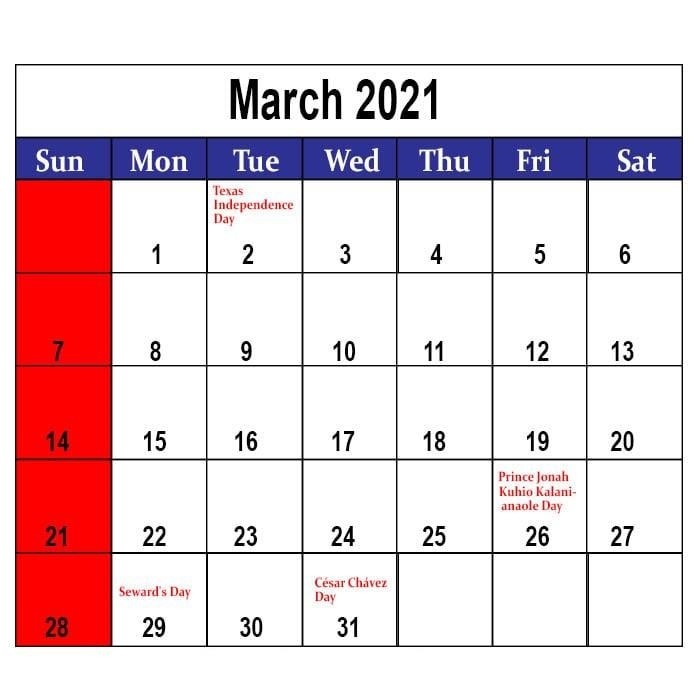government holidays march 2021