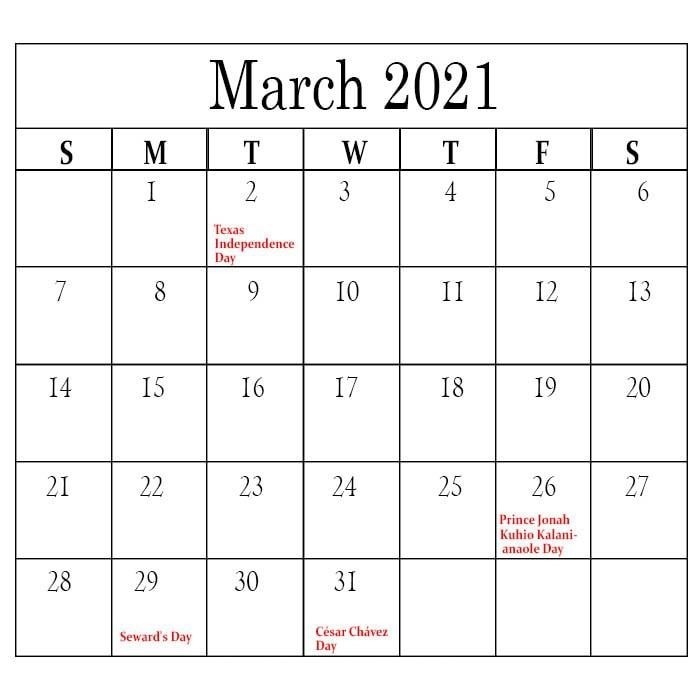 holiday list march 2021