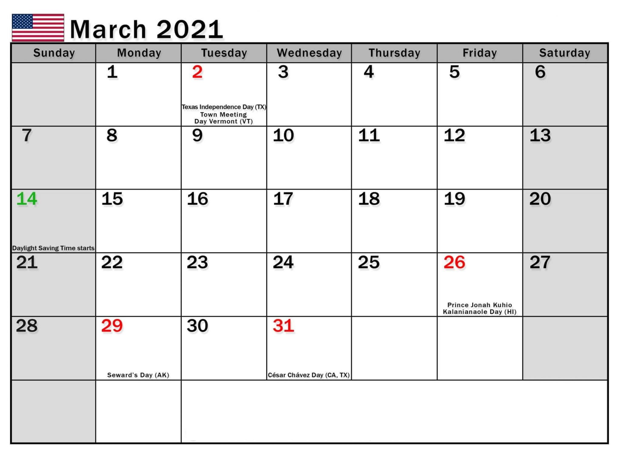 march 2021 calendar usa