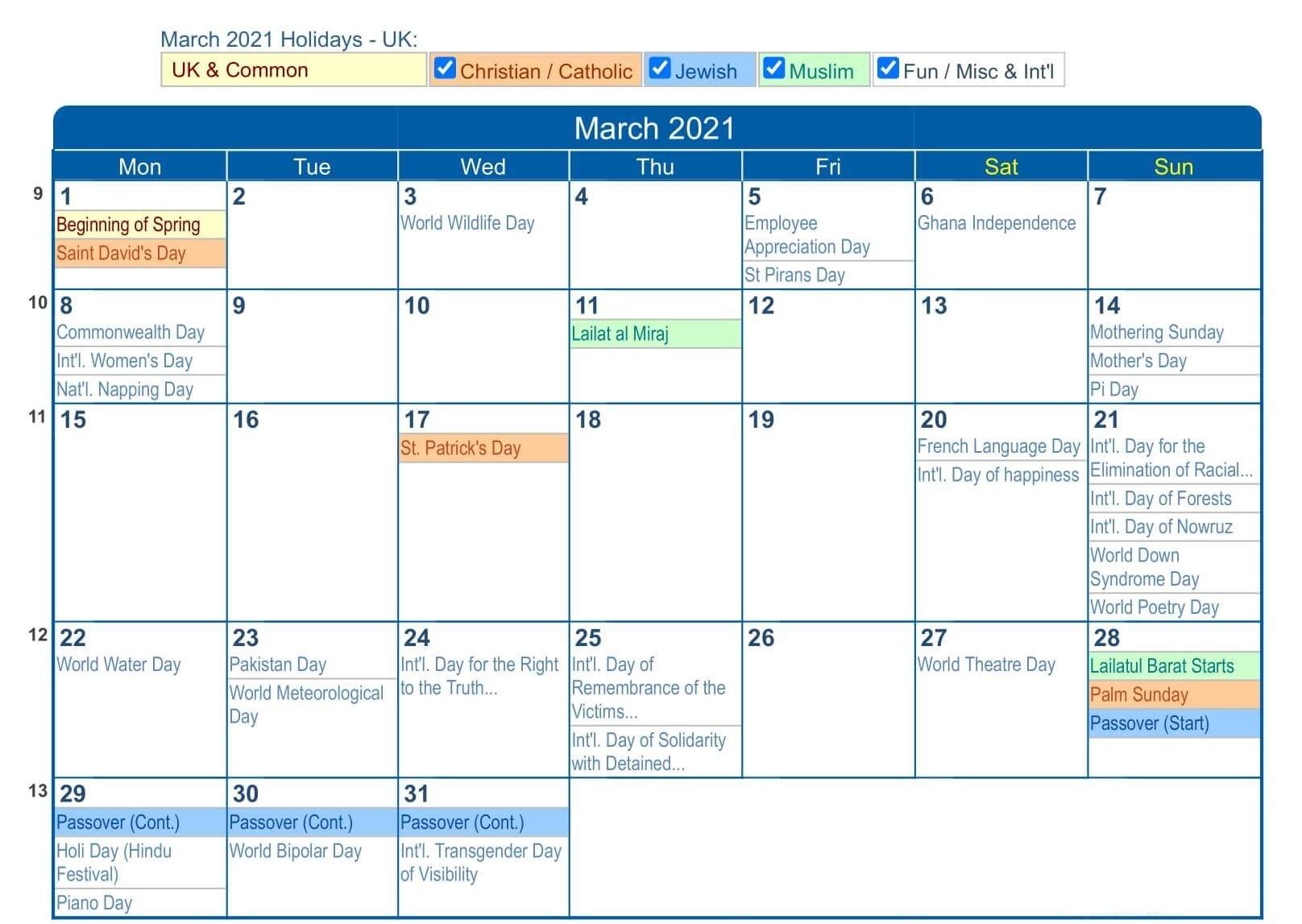 march 2021 calendar with holidays