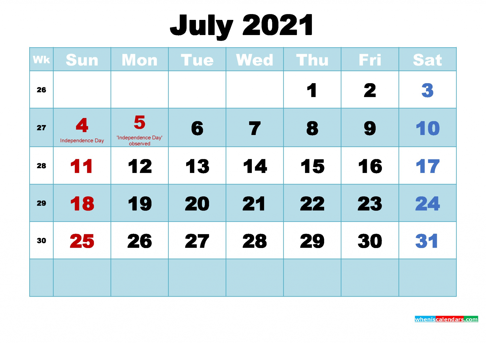 July 2021 Calendar with Holidays Free Printable July 2021 Calendar with Holidays as Word