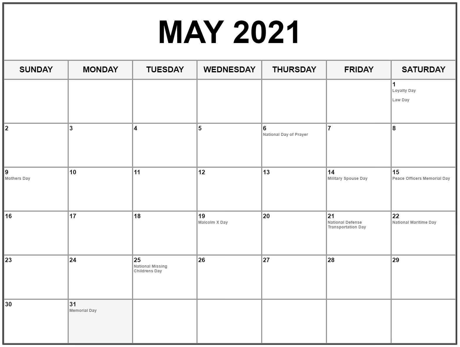 may holiday calendar 2021