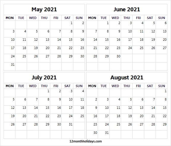 May to Aug Calendar 2021 Editable May to Aug 2021 Calendar Free