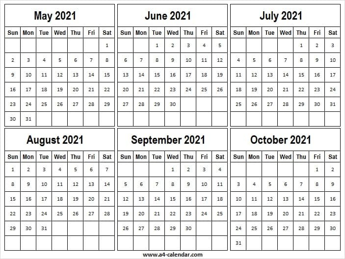 print calendar may to october 2021