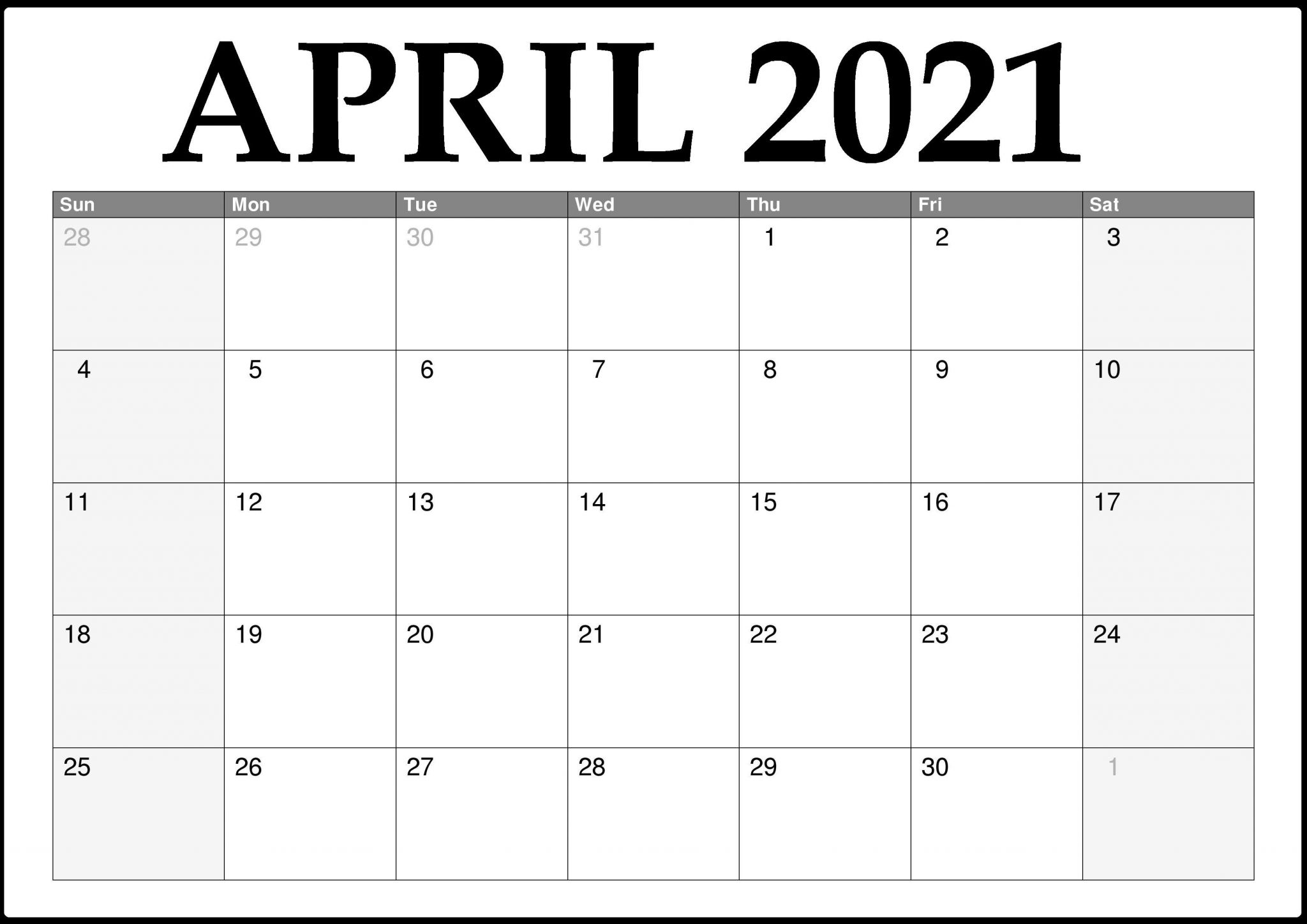 calendar month of april 2021