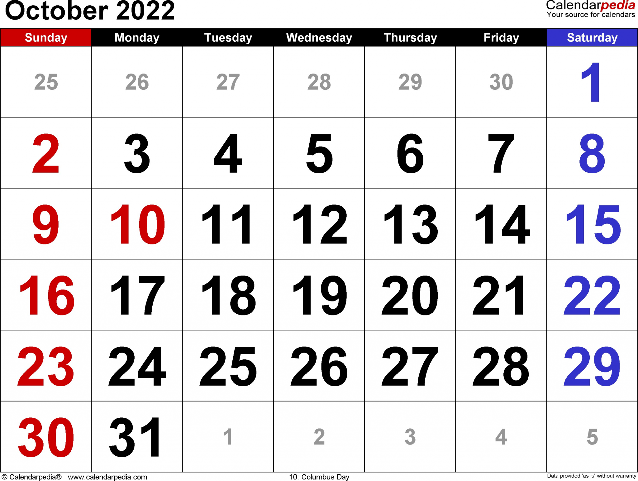 october 2022 calendar